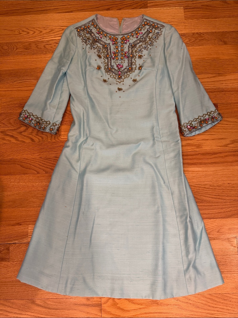 Vintage Light Blue Silk? Rhinestone and Bead Embellished Women's Dress